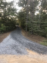 a gravel road in a wooded area